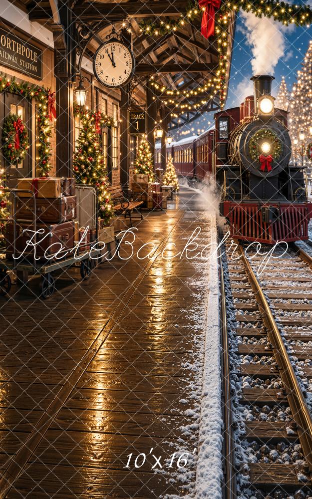 Kate Sweep Christmas Polar Train Railway Station Night Snow Printed Backdrop Designed by Emetselch