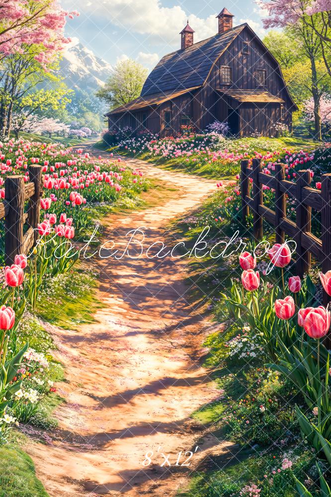 Kate Spring Cottage Floral Tulip Path Backdrop Designed by Emetselch