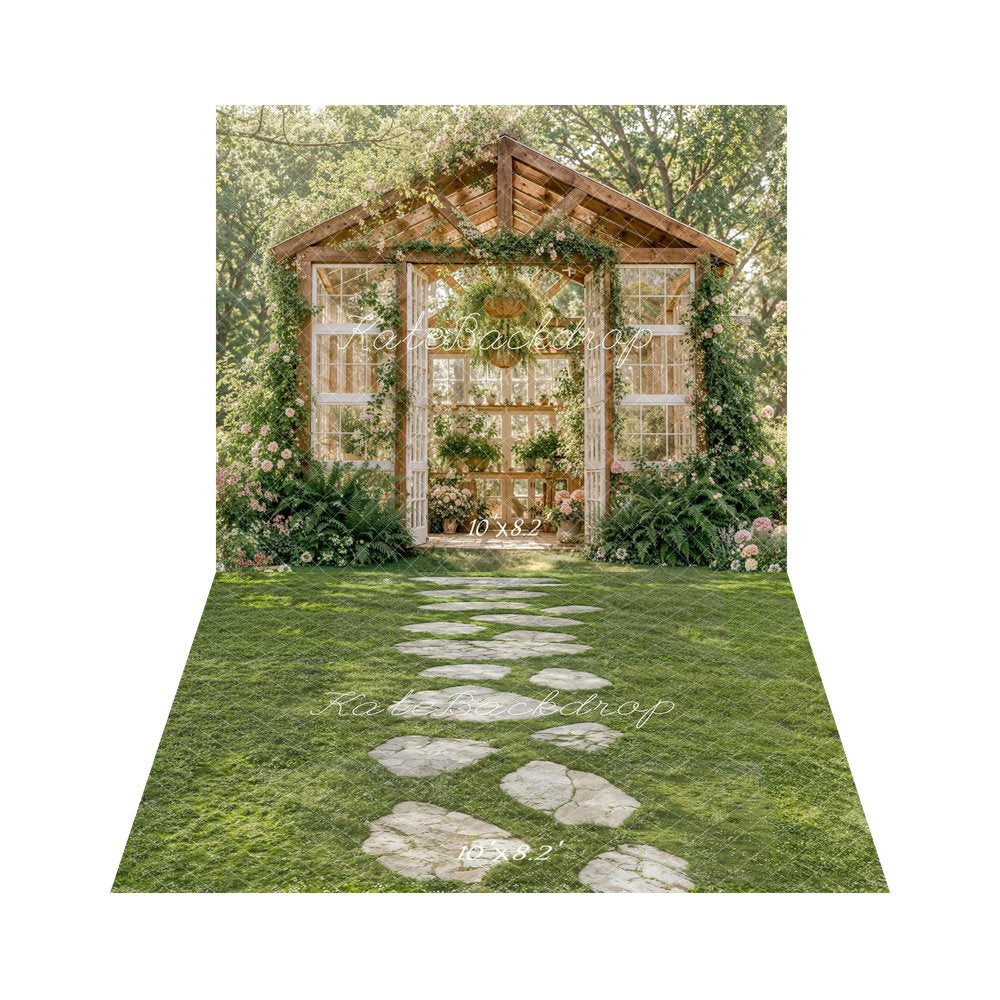 Kate Summer Flower Arch Greenhouse Garden Printed Backdrop+Stone Pathway on Green Grass Printed Backdrop