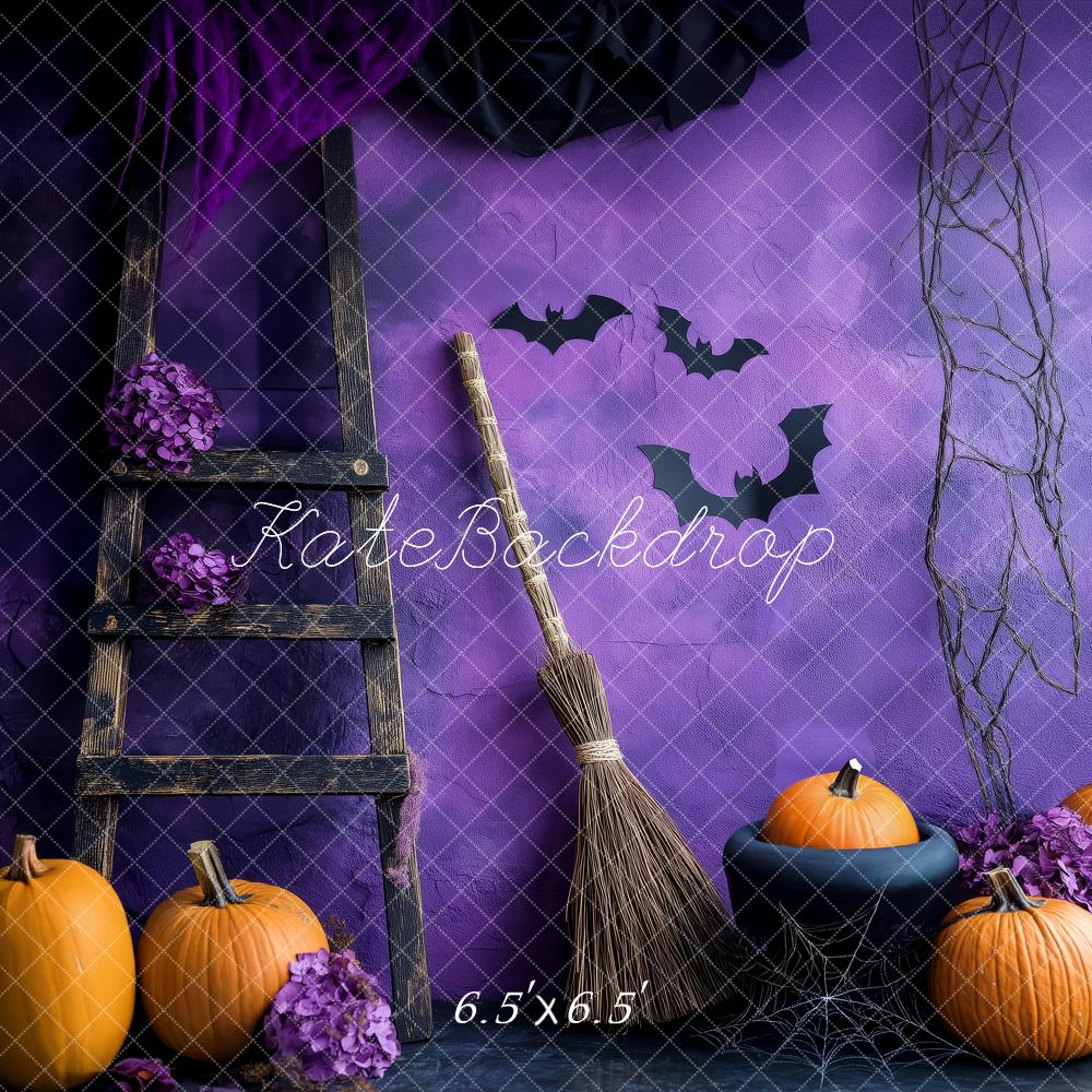 Kate Halloween Purple Wall Pumpkins Bats Broom Ladder Backdrop Designed by Patty Roberts