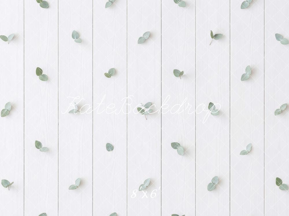 Kate White Wood Plank Green Leaves Floor Backdrop Designed by Mini MakeBelieve