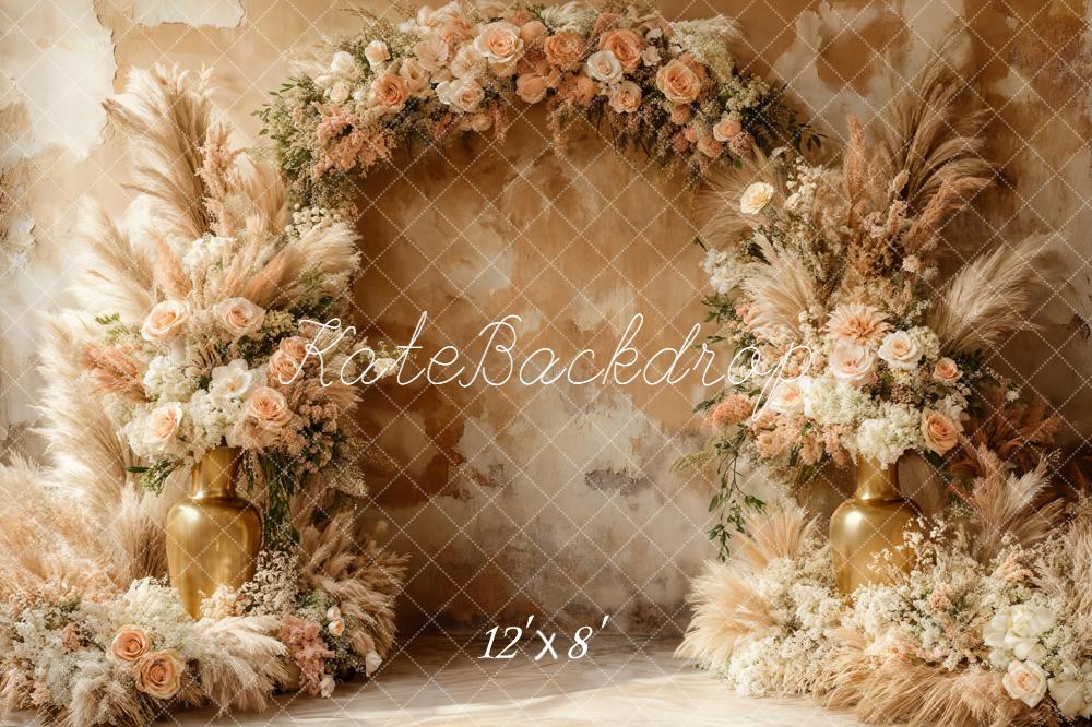 Kate Boho Flower Arch Pampas Grass Gold Vase Roses Backdrop Designed by Emetselch