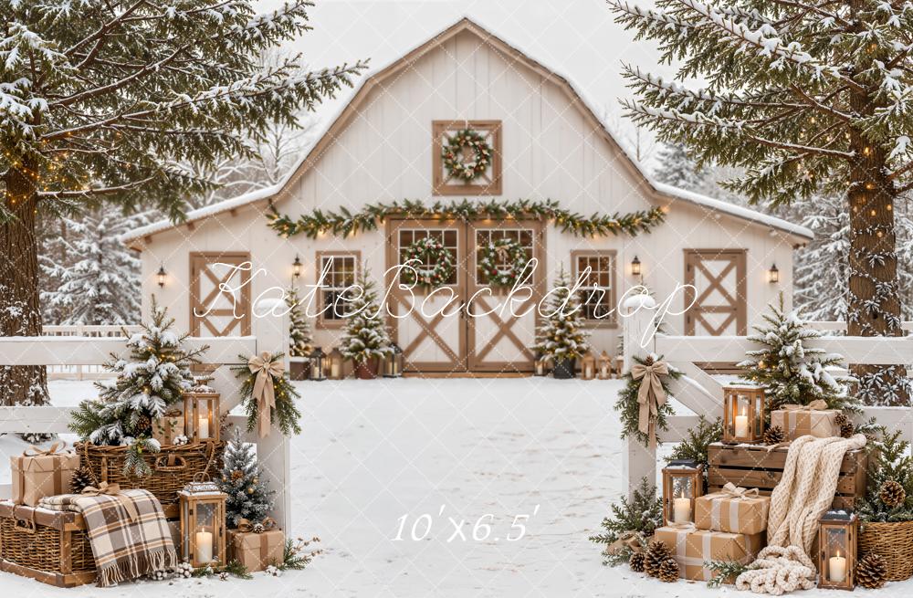 Kate Christmas Snowy White Barn Farmhouse Evergreen Gifts Plaid Printed Backdrop Designed by Emetselch