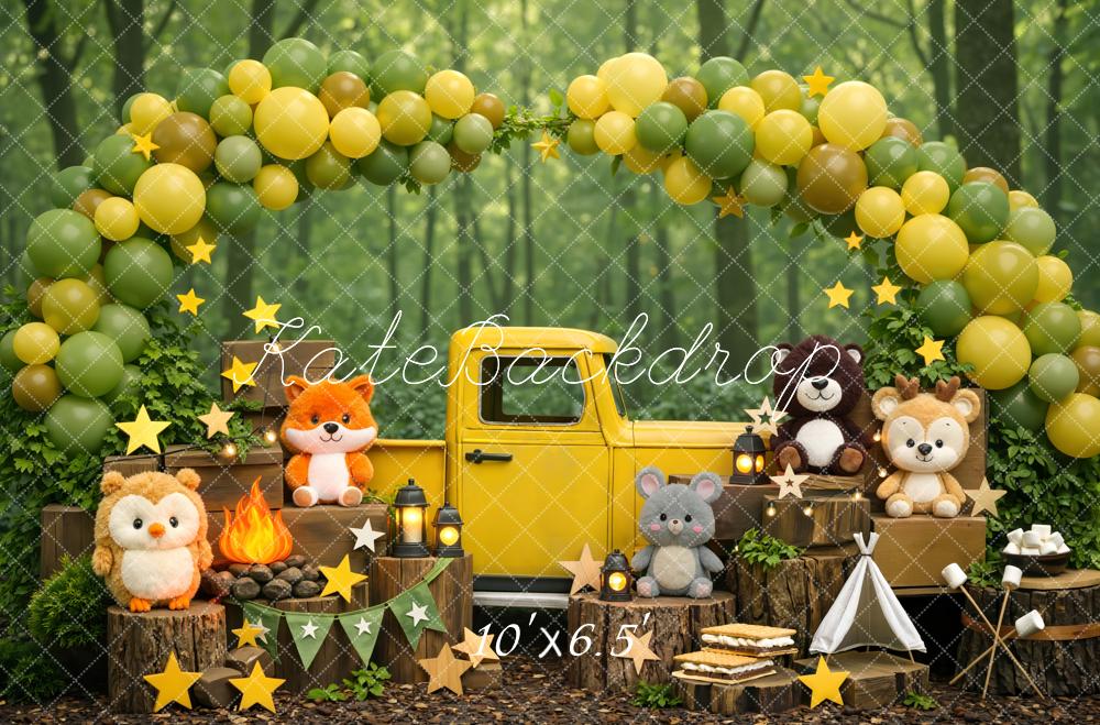 Kate Cake Smash Woodland Animals Yellow Truck Balloon Arch Printed Backdrop Designed by Mini MakeBelieve