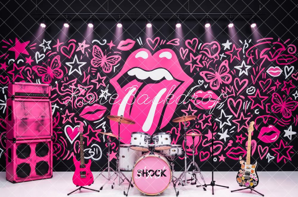 Kate Rock Pink Graffiti Lips Stars Hearts Butterflies Printed Backdrop Printed Backdrop Designed by Patty Roberts