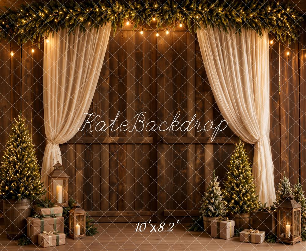 Kate Christmas Tree Garland Curtain Rustic Wooden Wall Printed Backdrop Designed by Emetselch