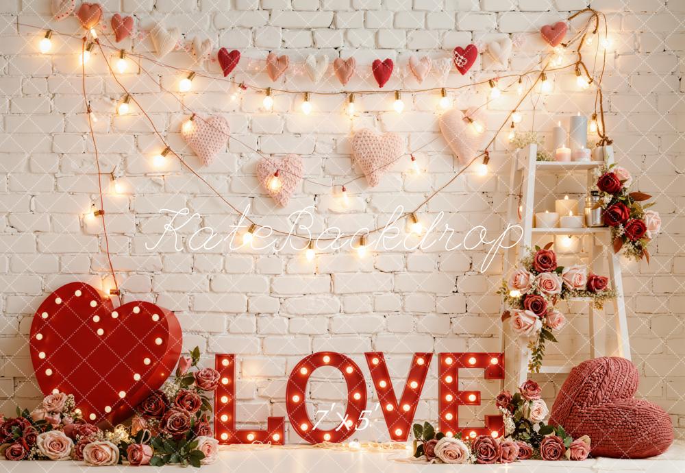 Kate Valentine's Day Love Heart Roses Lights Backdrop Designed by Emetselch