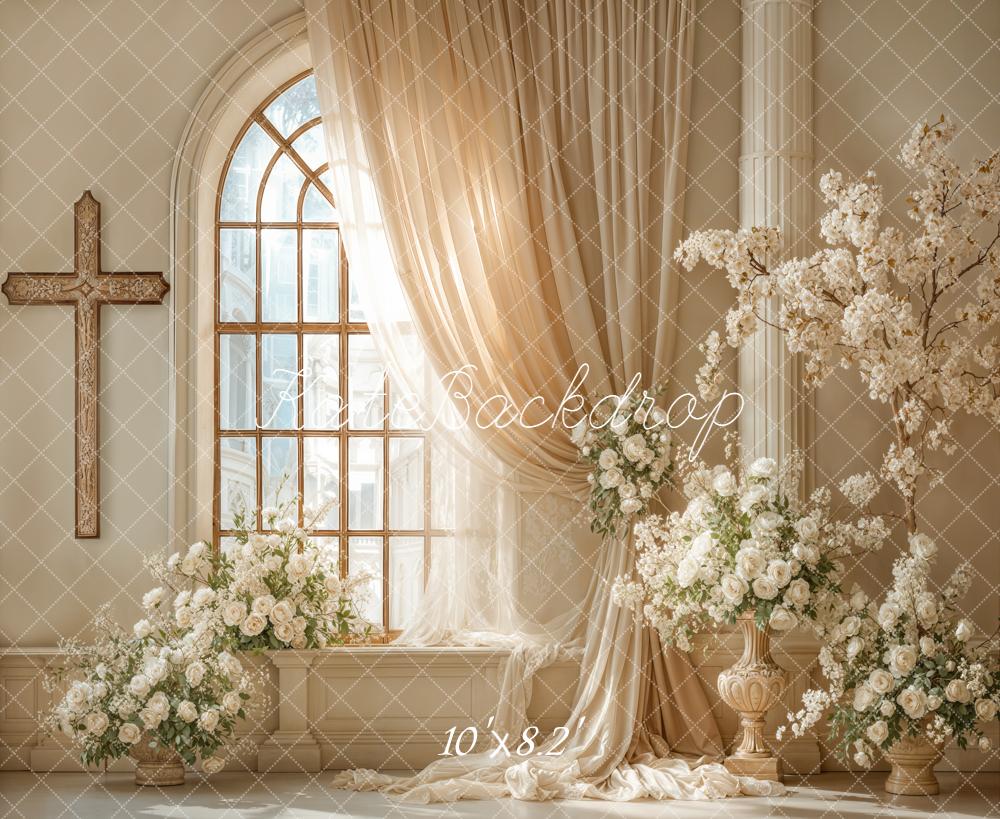 Kate Wedding Church Arched Window Cream Floral Column Backdrop Designed by Emetselch