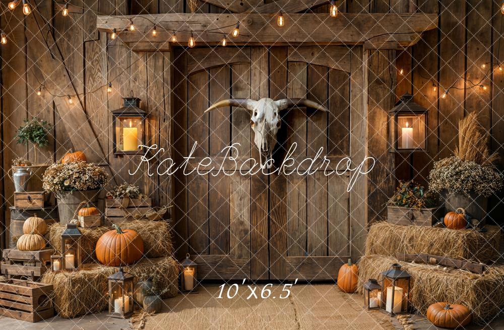 Kate Fall Rustic Barn Door Pumpkins Hay Lanterns Backdrop Designed by Emetselch