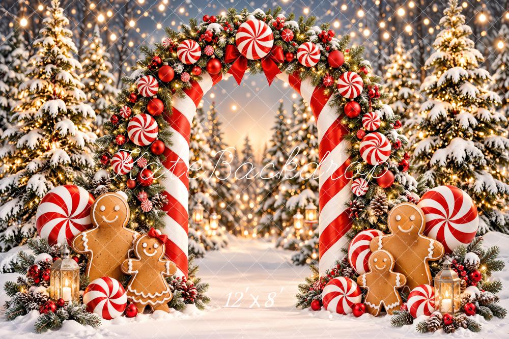 Kate Christmas Candy Cane Arch Gingerbread Snowy Forest Printed Backdrop Designed by Emetselch