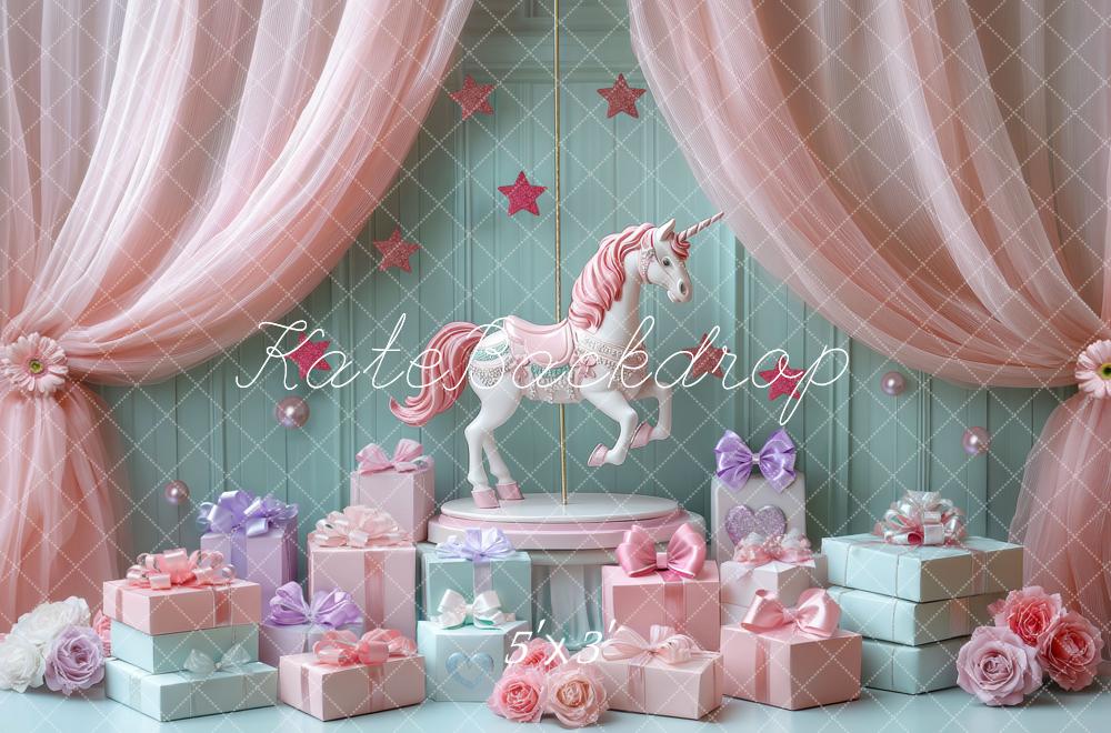 Kate Birthday Carousel Pink Curtains Gifts Floral Backdrop Designed by Mini MakeBelieve