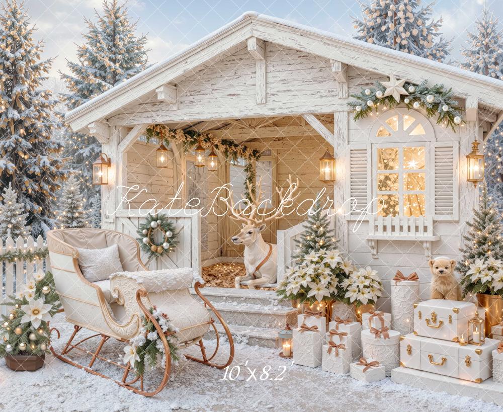 Kate Christmas Cabin Reindeer Sleigh Gifts Snowy Printed Backdrop Designed by Mini MakeBelieve