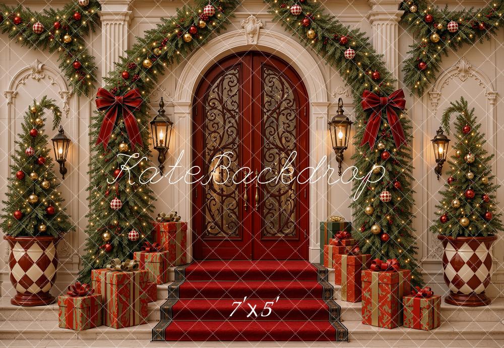 Kate Christmas Mansion Door Entryway Garland Trees Gifts Printed Backdrop Designed by Shutter Swan Studios