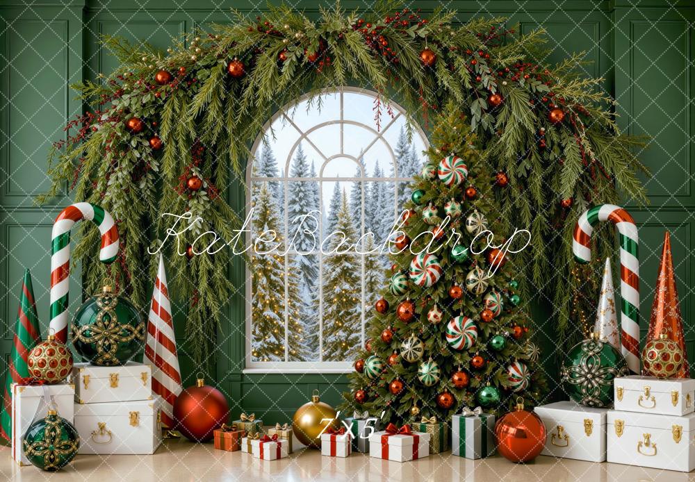Kate Christmas Tree Garland Arch Candy Canes Green Wall Printed Backdrop Designed by Mini MakeBelieve