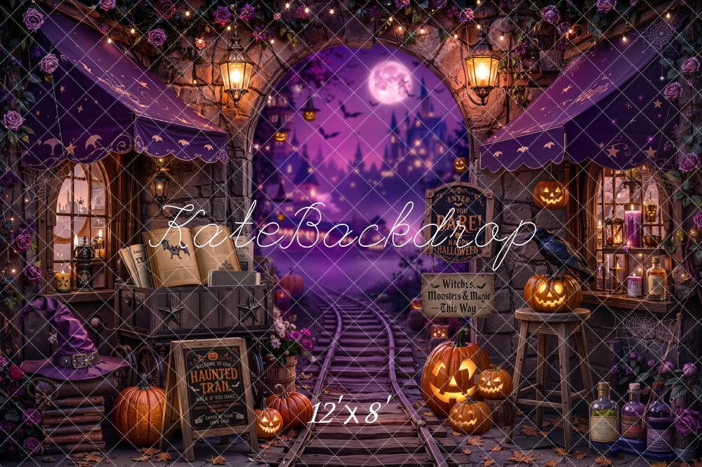 Kate Halloween Purple Haunted Train Station Witch Printed Backdrop Designed by Chain Photography
