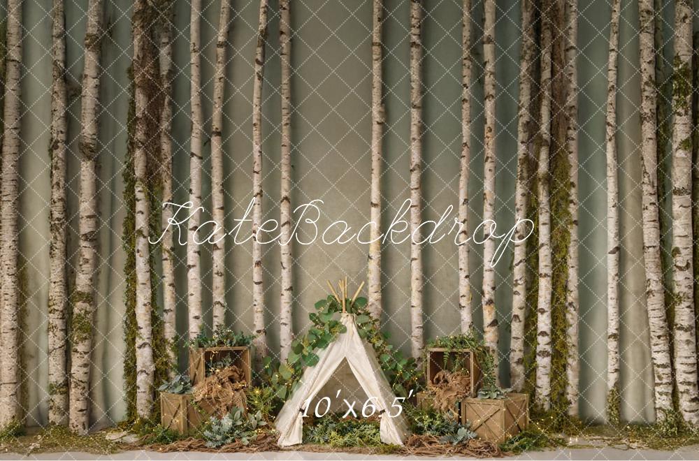 Kate Camping Forest Birch Trees Crates Teepee Printed Backdrop Designed by Mandy Ringe Photography