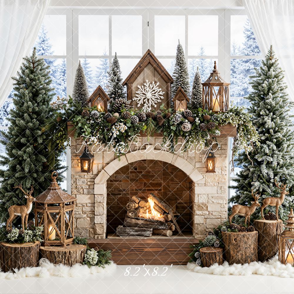 Kate Christmas Stone Fireplace Pine Trees Lanterns Deer Window Backdrop Designed by Emetselch