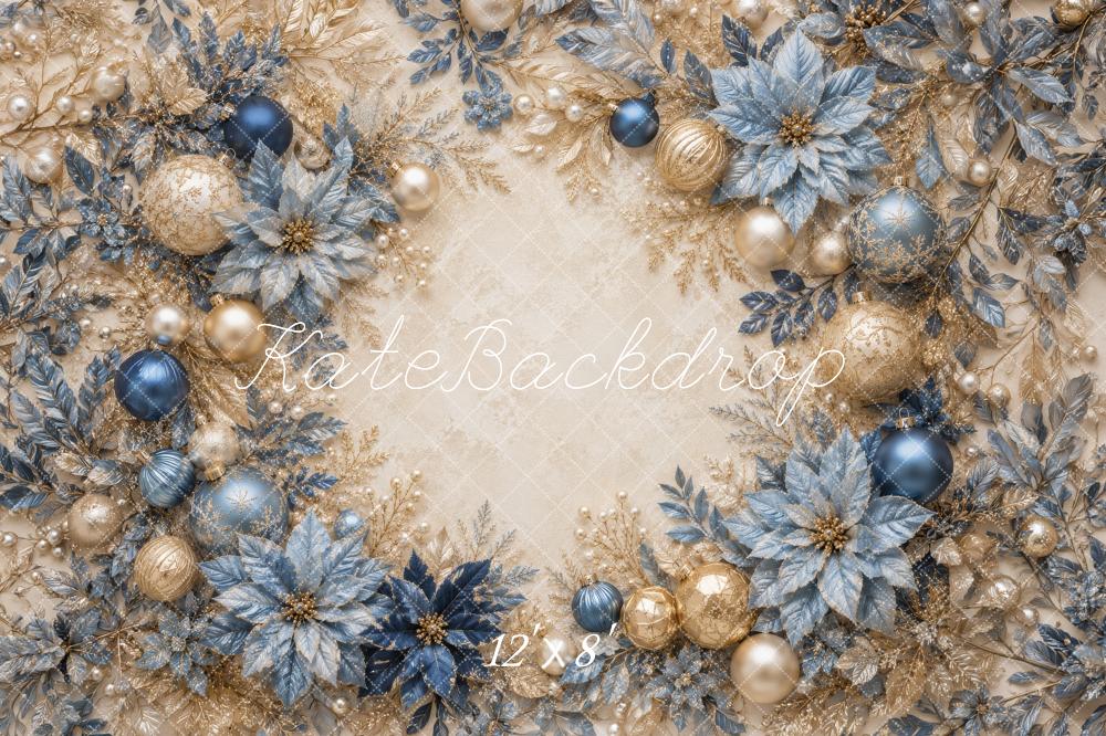 Kate Christmas Blue Gold Ornaments Poinsettias Garland Printed Backdrop Designed by Megan Leigh Photography