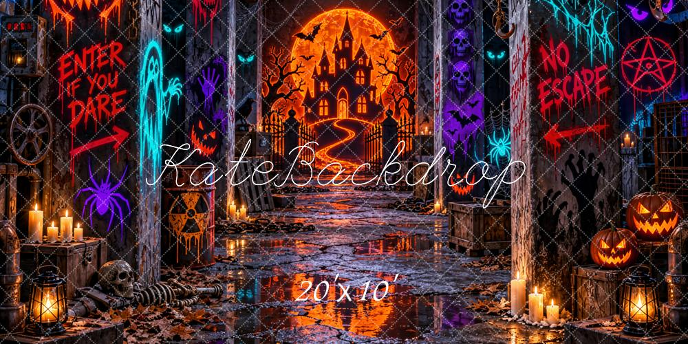 Kate Halloween Haunted Castle Hallway Pumpkins Printed Backdrop Designed by Emetselch