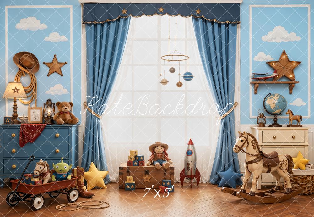 Kate Cowboy Kids Room Blue Curtains Toy Horse Stars Clouds Printed Backdrop Designed by Emetselch