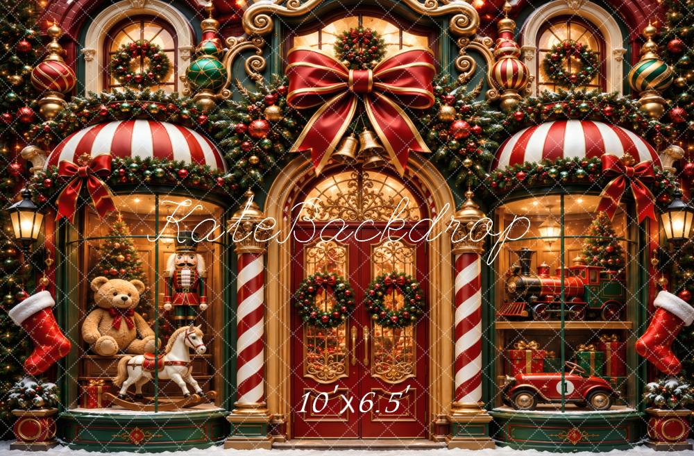 Kate Christmas Toy Store Front Teddy Bear Nutcracker Train Printed Backdrop Designed by Vertigo Productions