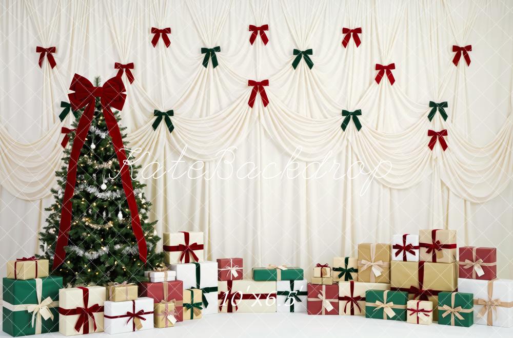 Kate Christmas Tree Elegant Ribbon Wall Gift Boxes Red Green Bows Printed Backdrop Designed by Patty Roberts