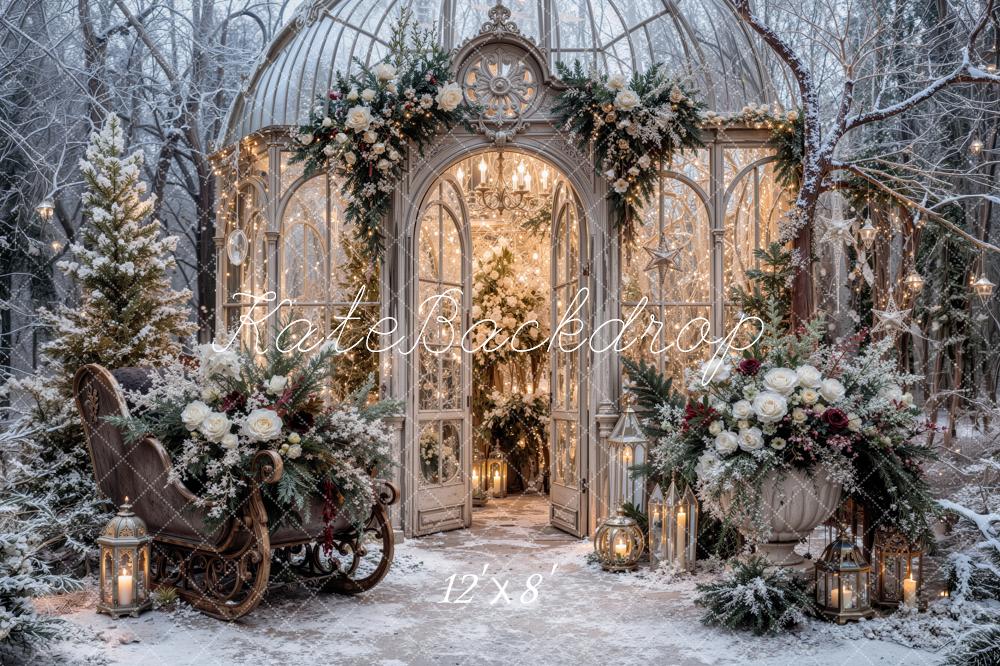 Kate Christmas Snowy Glass Greenhouse Floral Sleigh Printed Backdrop Designed by Jordan Moon