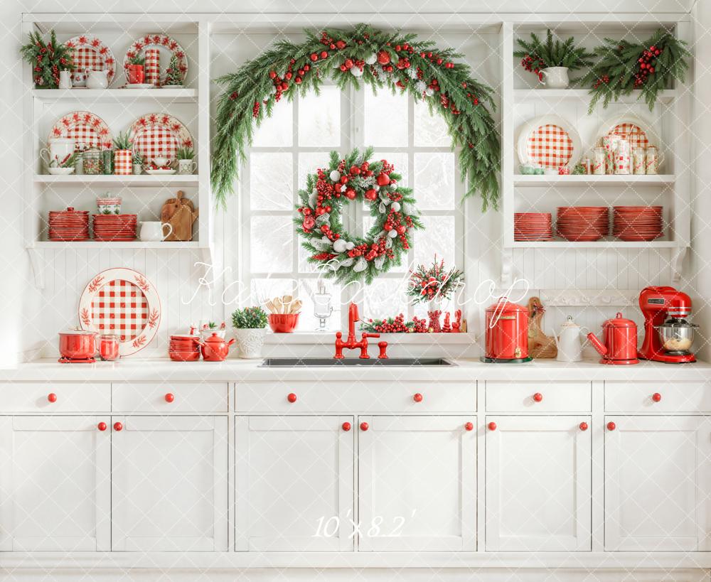 Kate Christmas Kitchen Red Plaid Dishes Garland Wreath Window Backdrop Designed by Emetselch