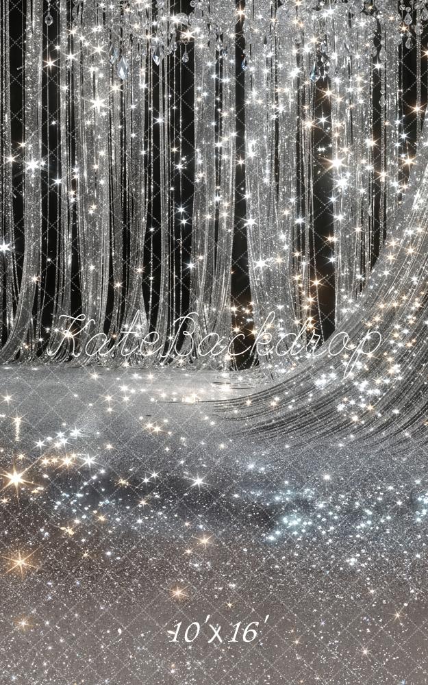 Kate Silver Glitter Crystal Chandelier Drapes Printed Backdrop Designed by Chain Photography