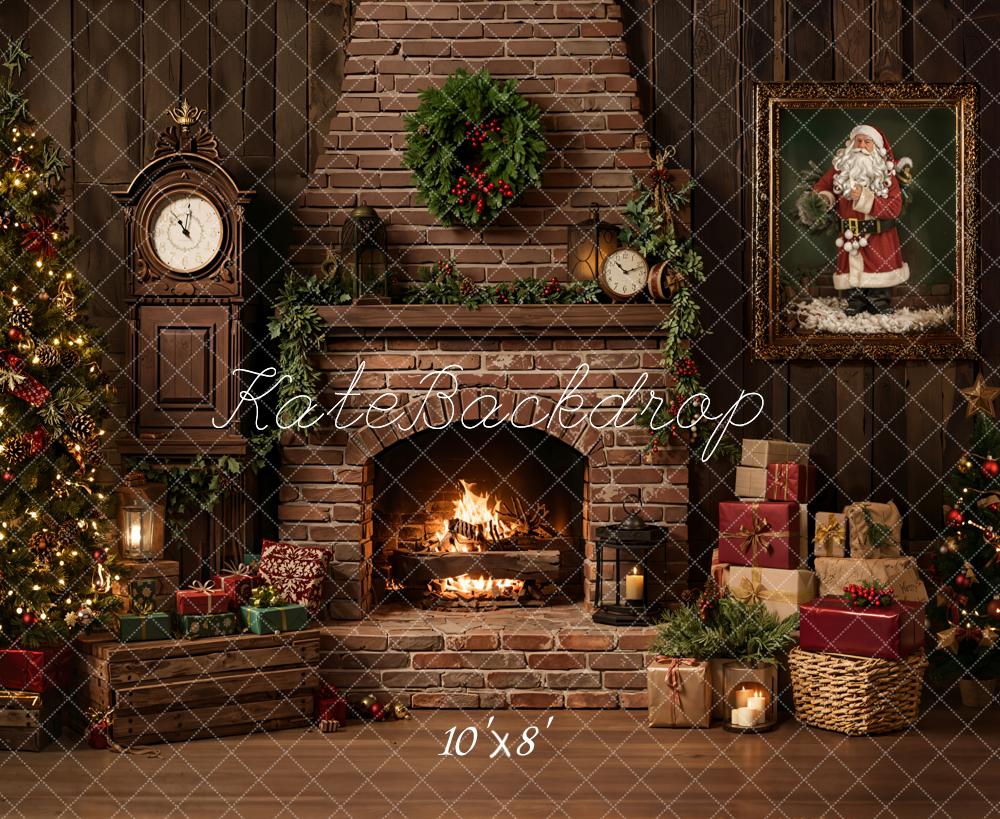Kate Christmas Fireplace Tree Gifts Brick Wall Santa Printed Backdrop Designed by Emetselch