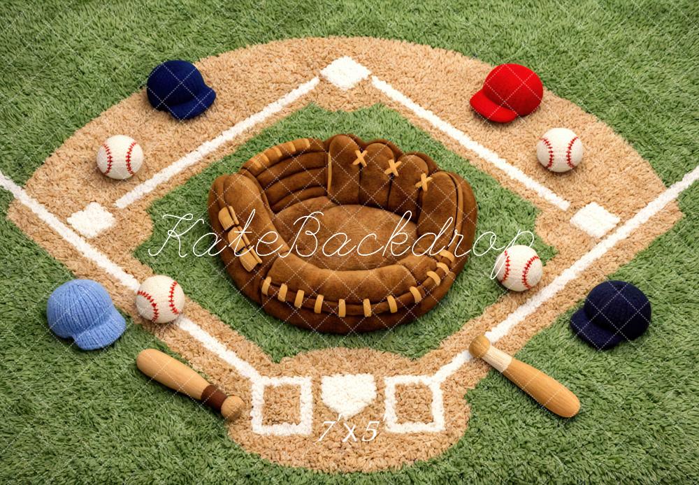 Kate Newborn Baseball Field Glove Bat Ball Cap Printed Backdrop Designed by Mini MakeBelieve