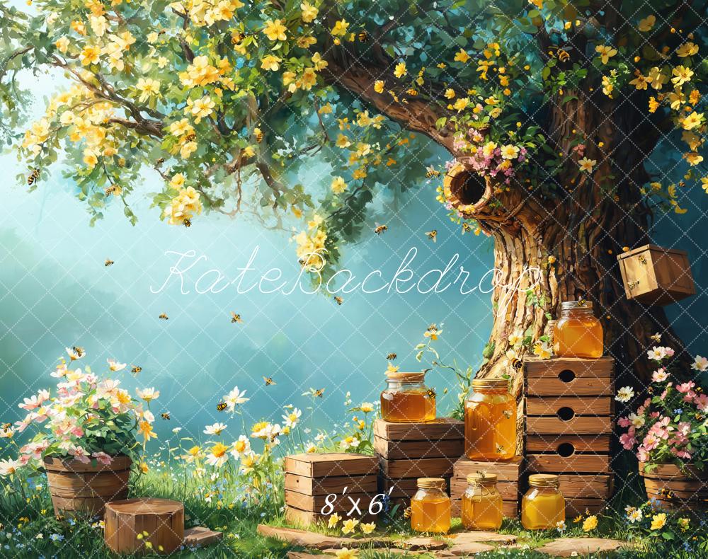 Kate Spring Floral Tree with Honey Jars Printed Backdrop for Kid Portraits Designed by Emetselch