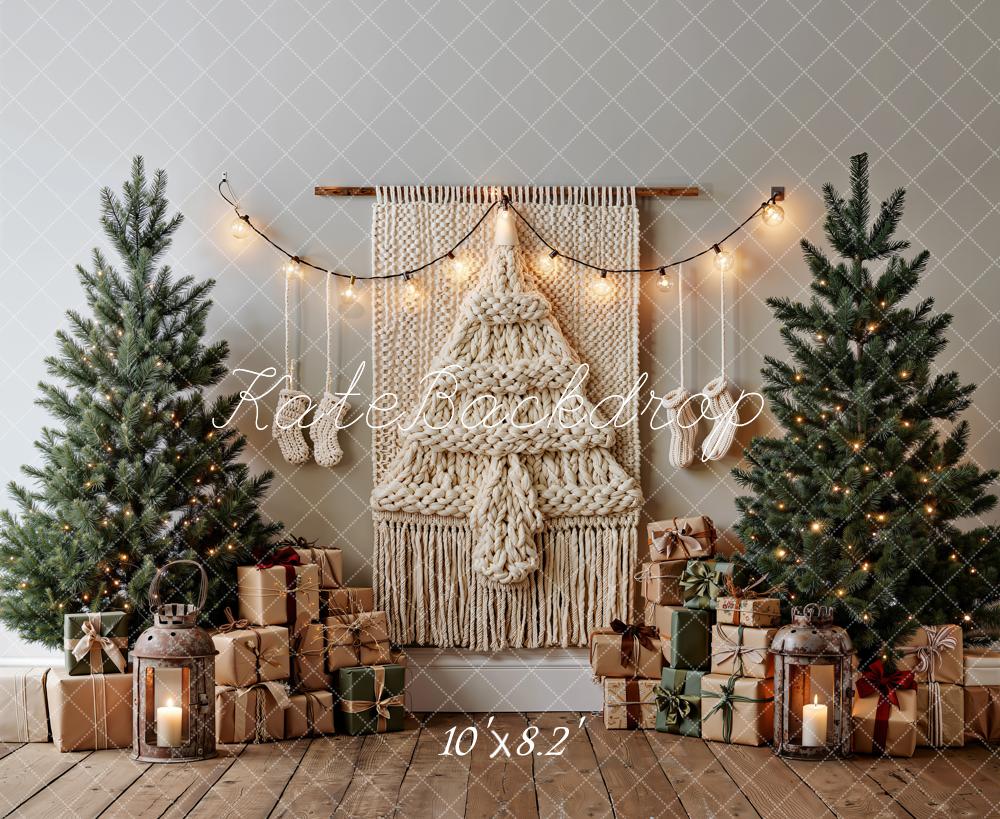 Kate Christmas Boho Macrame Tree Gift Boxes Lanterns Printed Backdrop Designed by Emetselch