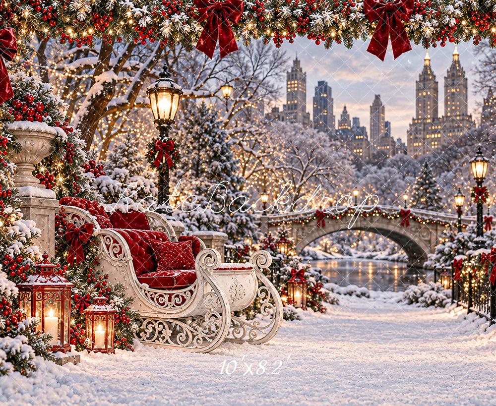 Kate Christmas Snowy City Central Park Sleigh Printed Backdrop Designed by Angela Miller