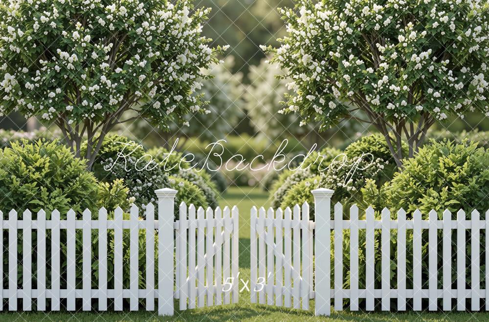 Kate Spring White Picket Fence Flowering Trees Garden Printed Backdrop Designed by Mini MakeBelieve