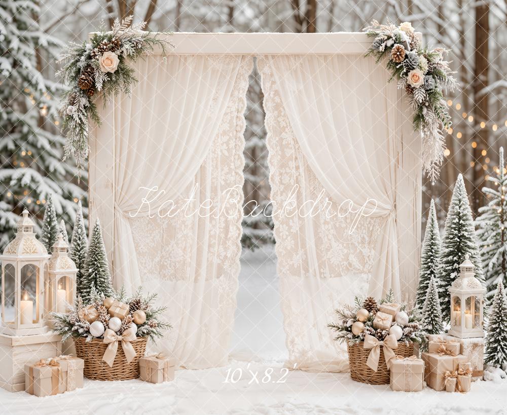 Kate Christmas White Lace Drapes Winter Flower Arch Snow Printed Backdrop Designed by Emetselch