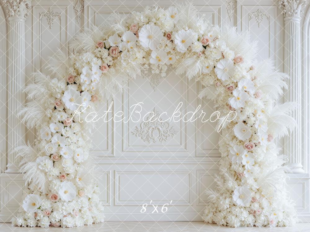 Kate Romantic White Flower Feathers Arch Ornate Wall Printed Backdrop Designed by Mini MakeBelieve