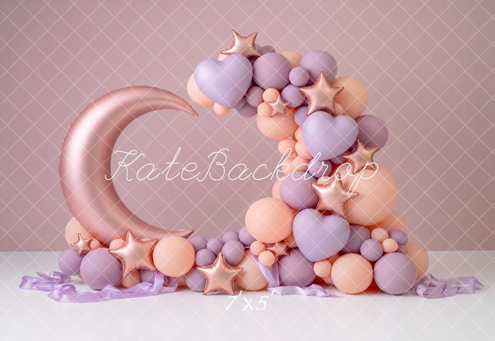 Kate Birthday Crescent Moon Stars Pink Pastel Balloon Printed Backdrop Designed by Angela Miller