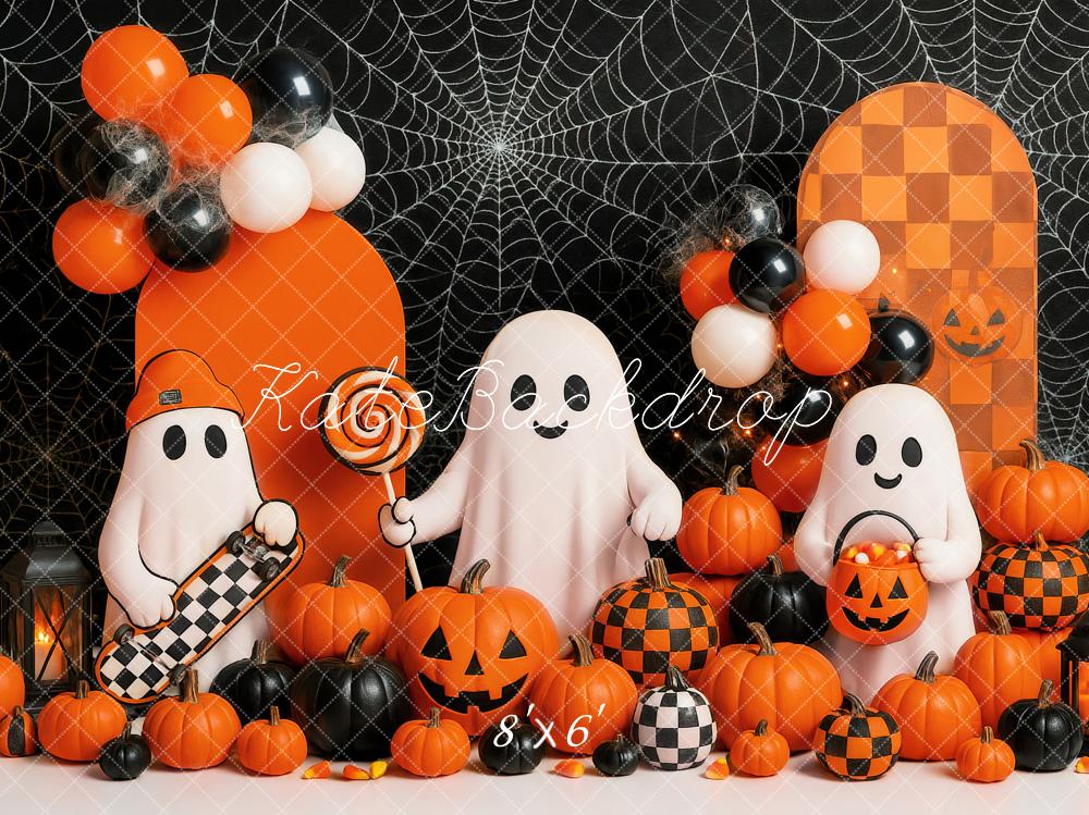 Kate Halloween Ghosts Pumpkins Balloons Spiderweb Backdrop Designed by Ashley Paul