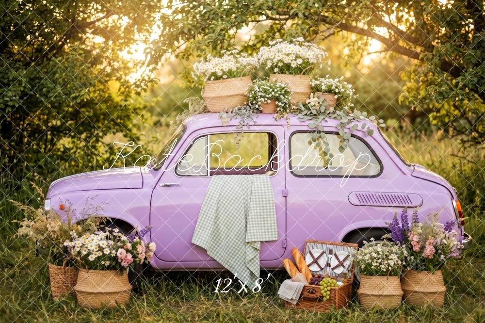 Kate Forest Purple Vintage Car Picnic Flowers Printed Backdrop Designed by Patty Roberts