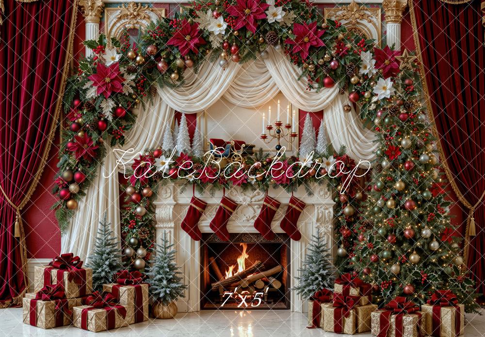 Kate Christmas Luxury Red Fireplace Garland Drapes Christmas Tree Printed Backdrop Designed by Mini MakeBelieve