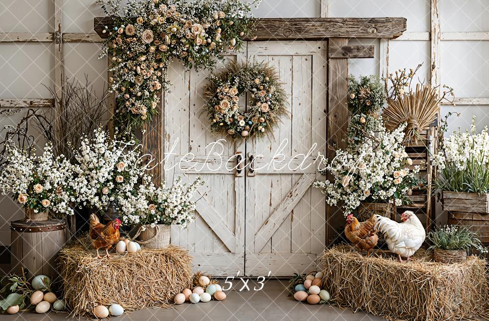Kate Easter Rustic Barn Flowers Hay Eggs Printed Backdrop Designed by Emetselch