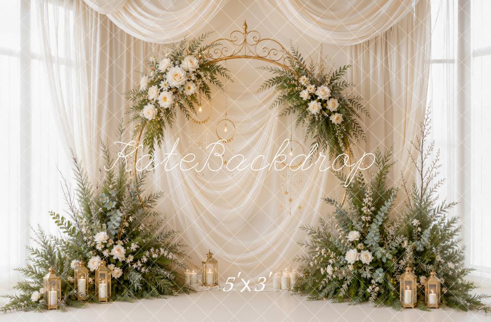 Kate Romantic White Floral Arch Gold Sheer Drapes Printed Backdrop Designed by Emetselch