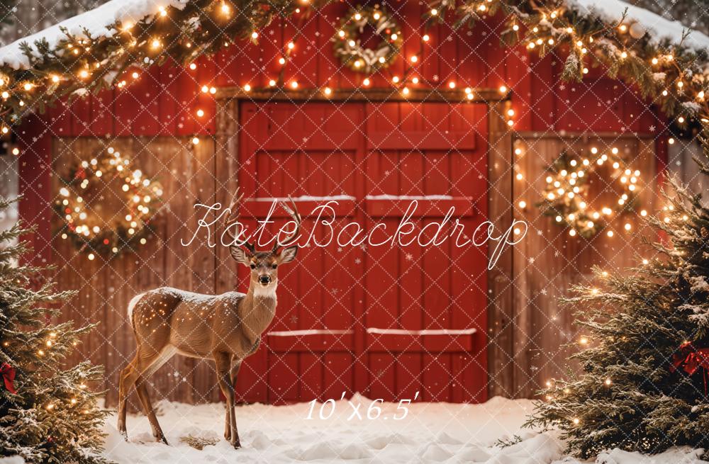 Fondo navideño de granero rojo ciervo nieve luces diseñado por Emetselch