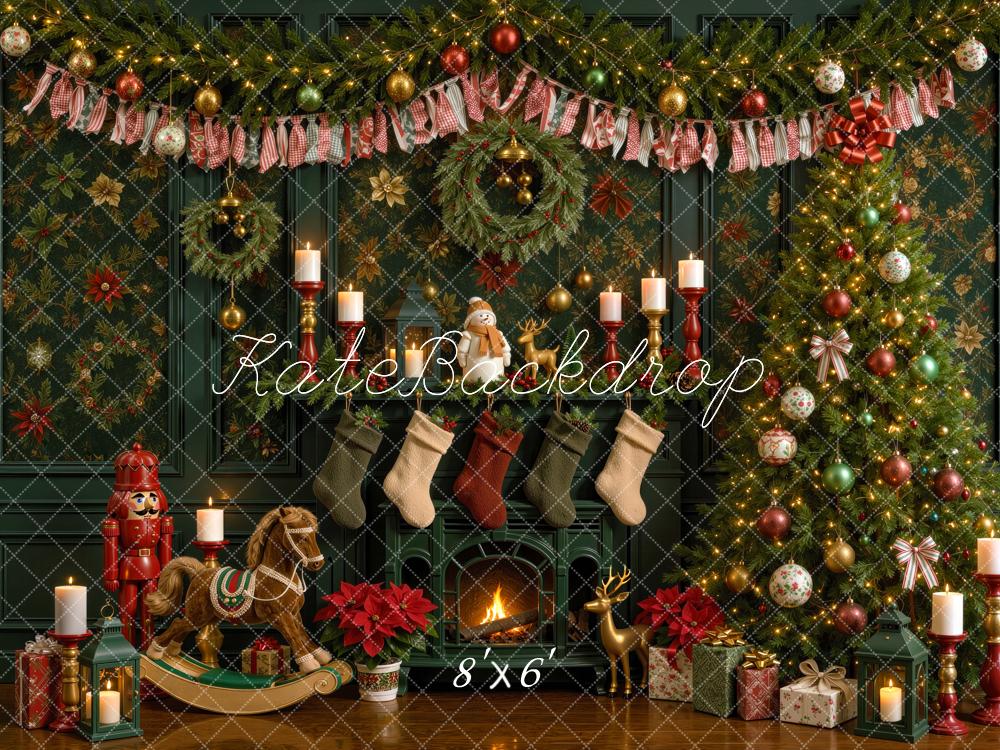 Kate Christmas Tree Green Fireplace Rocking Horse Printed Backdrop Designed by Mini MakeBelieve