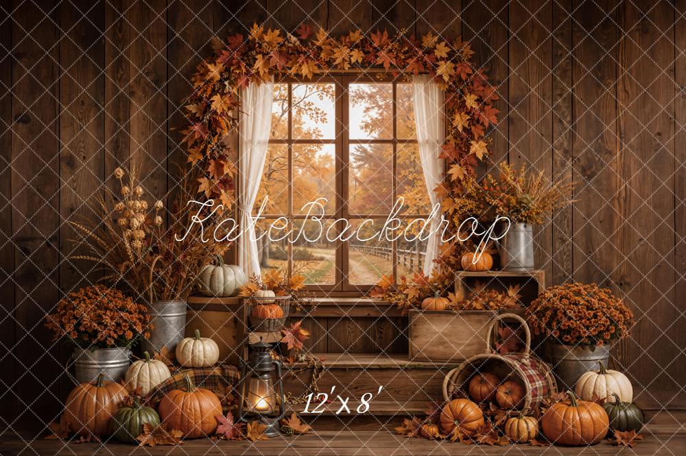 Kate Fall Pumpkins Window Maple Leaves Rustic Wood Printed Backdrop Designed by Emetselch
