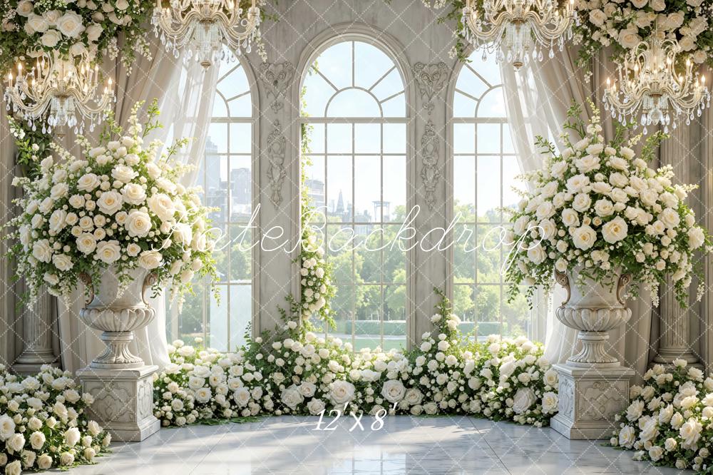 Kate White Flower Arch Elegant Window Chandelier Printed Backdrop Designed by Mini MakeBelieve