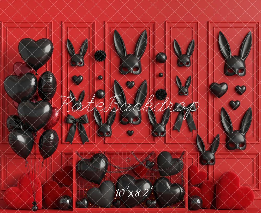 Kate Valentine's Day Boudoir Black Bunny Balloons Red Wall Hearts Printed Backdrop Designed by Patty Roberts