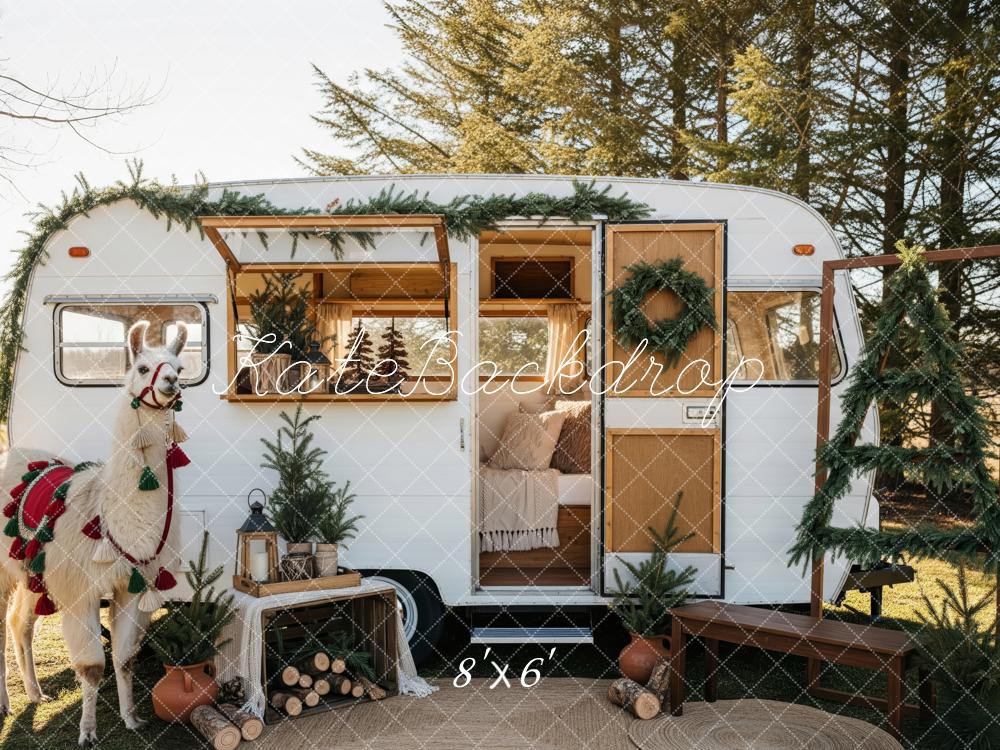 Kate Christmas Camper Llama Garland Wreath Trees Backdrop Designed by Patty Roberts