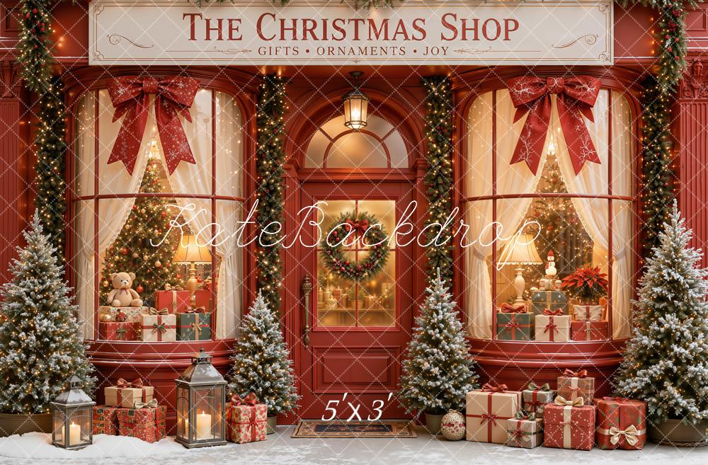 Kate Christmas Storefront Red Gift Boxes Christmas Trees Printed Backdrop Designed by Emetselch